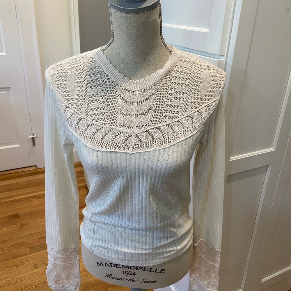 Free People Cream Crochet Yoke Ribbed Long Sleeve Top